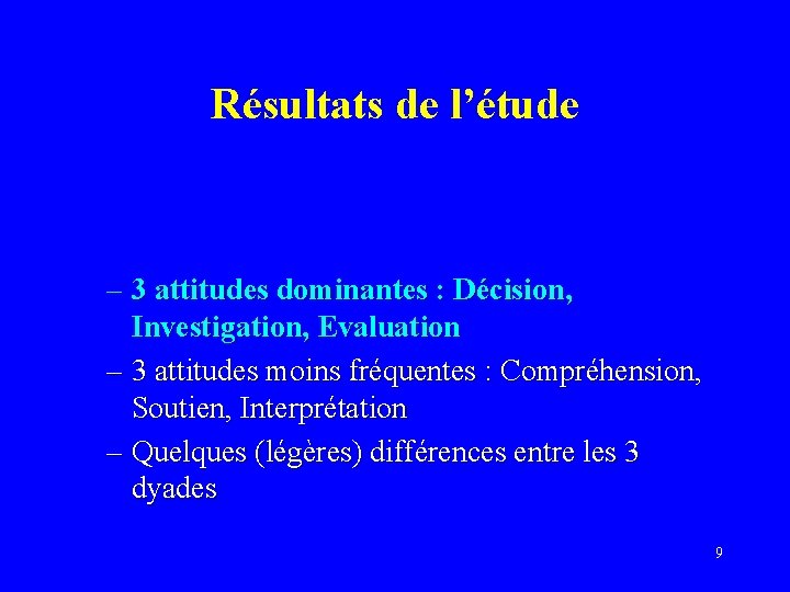 Résultats de l’étude – 3 attitudes dominantes : Décision, Investigation, Evaluation – 3 attitudes