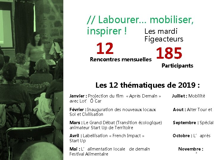 // Labourer… mobiliser, Les mardi inspirer ! 12 Figeacteurs Rencontres mensuelles 185 Participants Les
