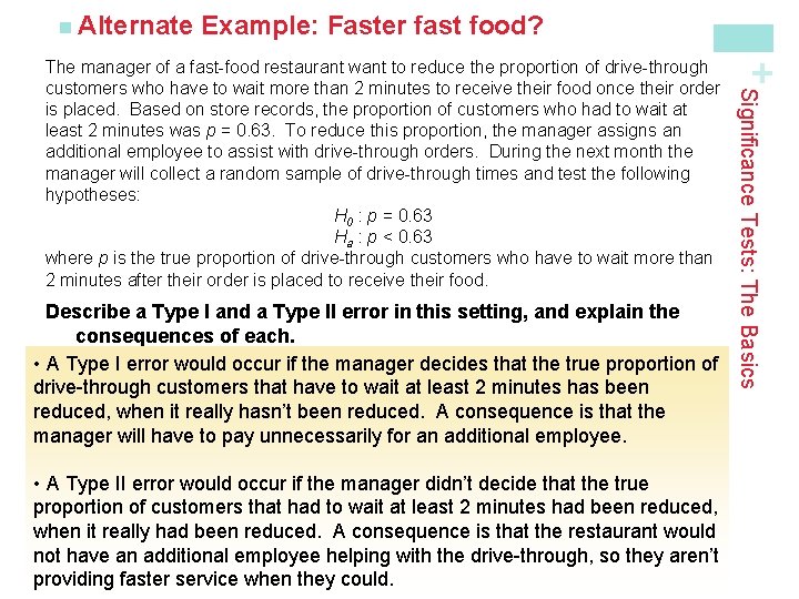 Example: Faster fast food? Describe a Type I and a Type II error in