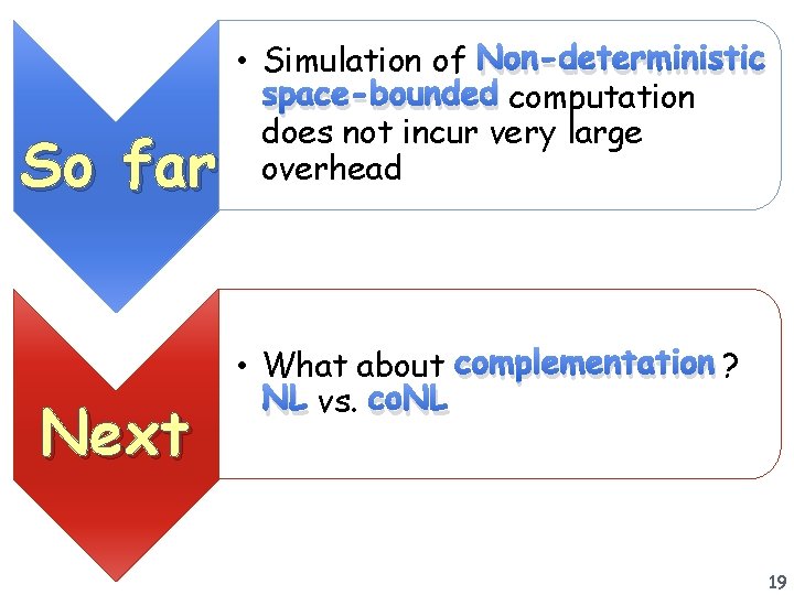 So far Next • Simulation of Non-deterministic space-bounded computation does not incur very large