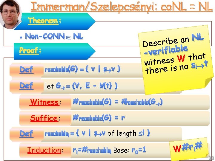 Immerman/Szelepcsényi: co. NL = NL Theorem : • Non-CONN NL Proof: • reachable(G) {