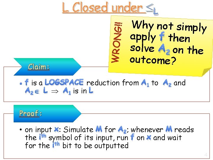 Claim: WRONG!! L Closed under L Why not simply apply f then solve A