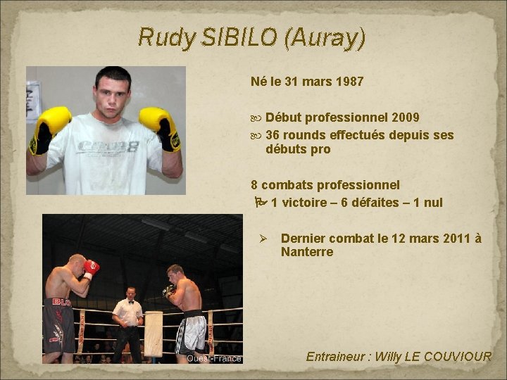 Rudy SIBILO (Auray) Né le 31 mars 1987 Début professionnel 2009 36 rounds effectués