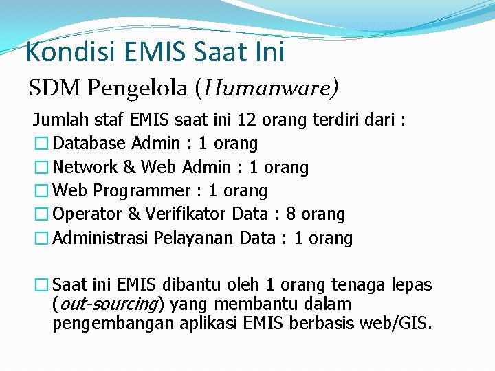 Kondisi EMIS Saat Ini SDM Pengelola (Humanware) Jumlah staf EMIS saat ini 12 orang