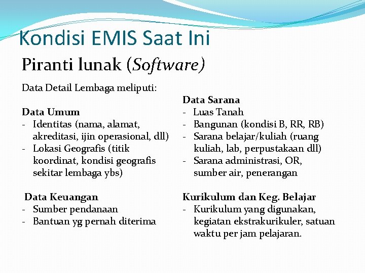 Kondisi EMIS Saat Ini Piranti lunak (Software) Data Detail Lembaga meliputi: Data Umum -
