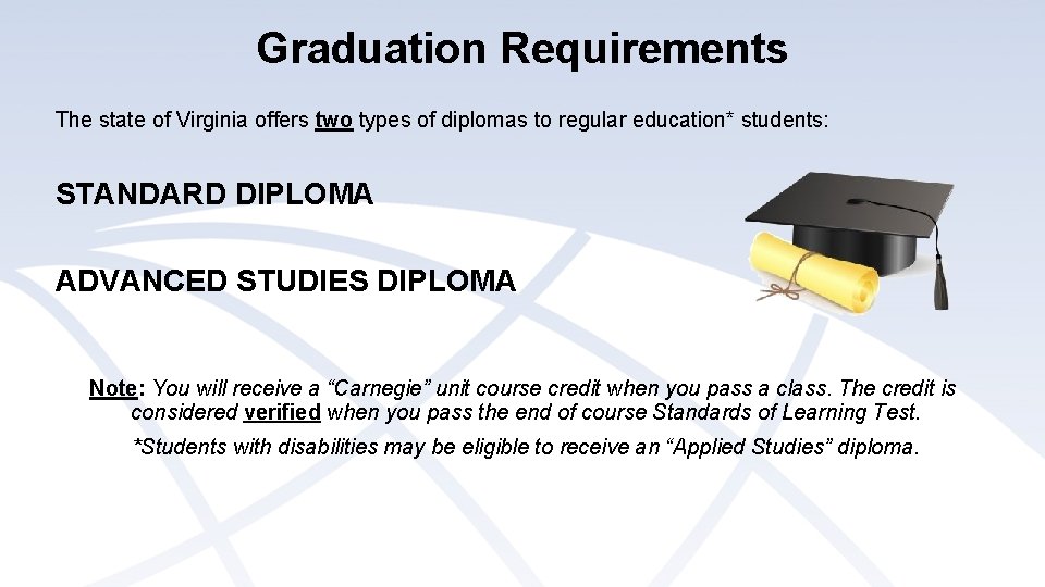 Graduation Requirements The state of Virginia offers two types of diplomas to regular education* Graduation Requirements The state of Virginia offers two types of diplomas to regular education*