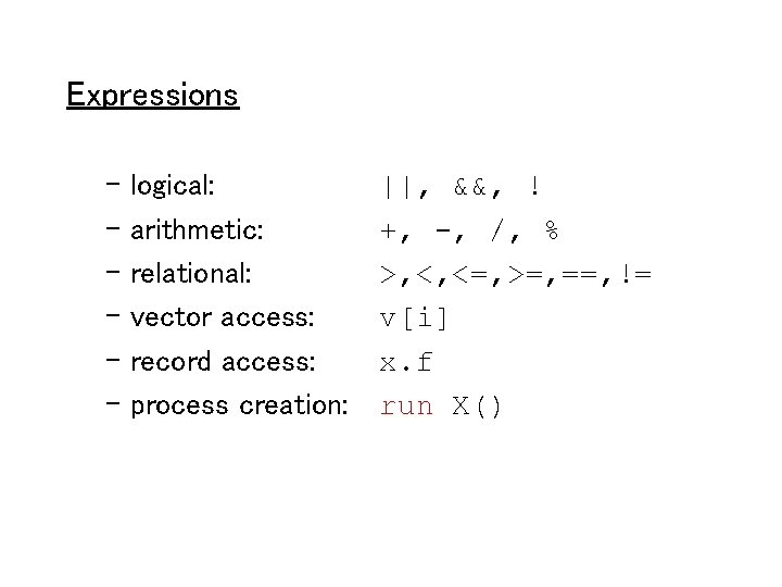 Expressions – logical: – arithmetic: – relational: – vector access: – record access: –
