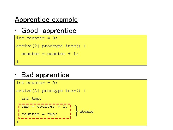 Apprentice example • Good apprentice int counter = 0; active[2] proctype incr() { counter