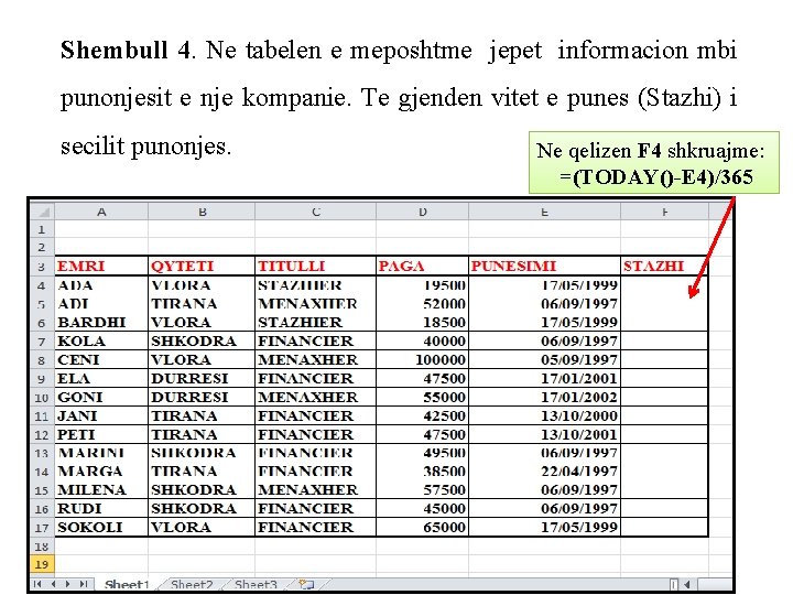 Shembull 4. Ne tabelen e meposhtme jepet informacion mbi punonjesit e nje kompanie. Te