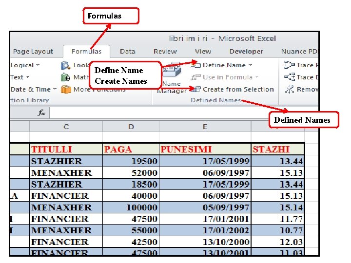 Formulas Define Name Create Names Defined Names 