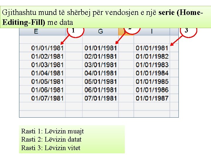 Gjithashtu mund të shërbej për vendosjen e një serie (Home. Editing-Fill) me data 1