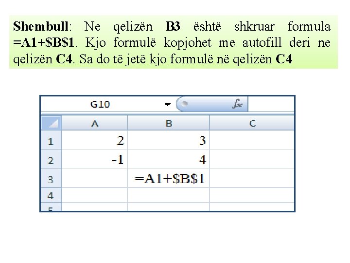 Shembull: Ne qelizën B 3 është shkruar formula =A 1+$B$1. Kjo formulë kopjohet me