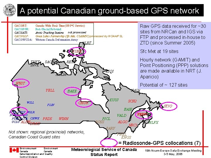 A potential Canadian ground-based GPS network CACS/RT: CACS/PGR: CACS/ATS: CACS/GLP: CACS/WCDA: Raw GPS data