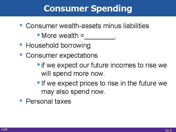 Consumer Spending • • LO 1 Consumer wealth-assets minus liabilities • More wealth =____.