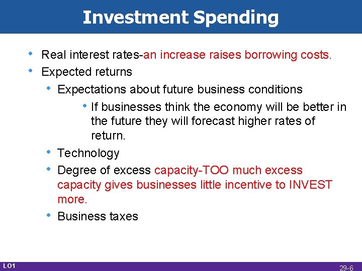 Investment Spending • • LO 1 Real interest rates-an increase raises borrowing costs. Expected