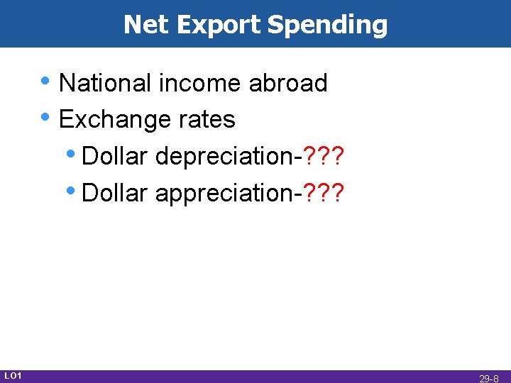 Net Export Spending • National income abroad • Exchange rates • Dollar depreciation-? ?