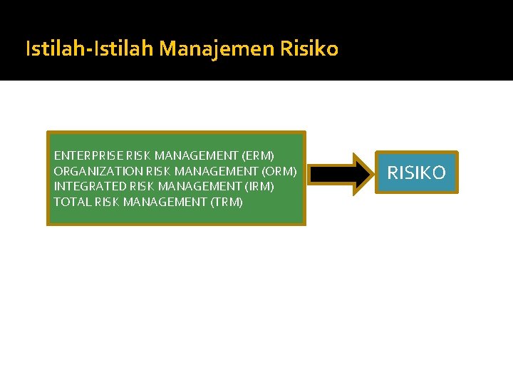 Istilah-Istilah Manajemen Risiko ENTERPRISE RISK MANAGEMENT (ERM) ORGANIZATION RISK MANAGEMENT (ORM) INTEGRATED RISK MANAGEMENT