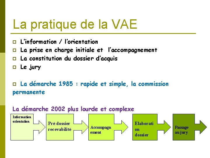 La pratique de la VAE p p L’information / l’orientation La prise en charge