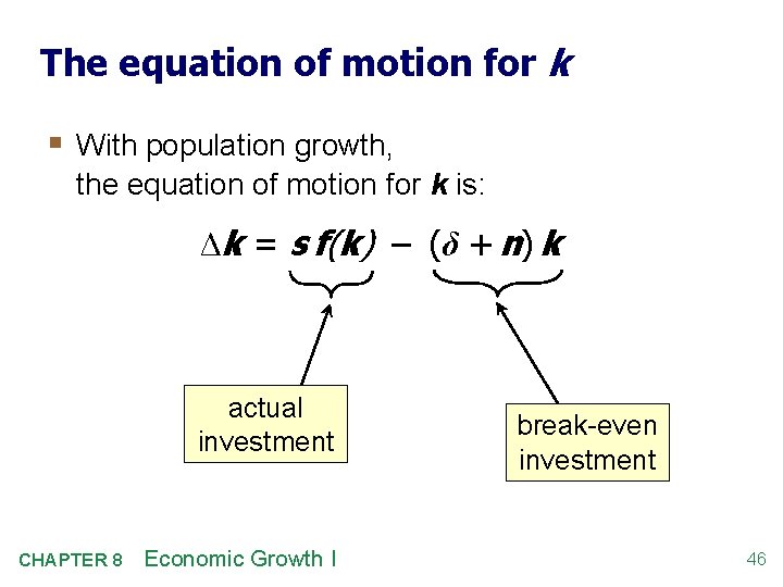 The equation of motion for k § With population growth, the equation of motion