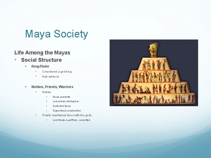 Maya Society Life Among the Mayas • Social Structure • King/Ruler • Considered a