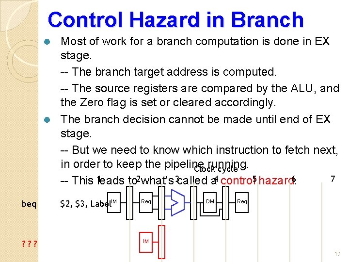 Control Hazard in Branch Most of work for a branch computation is done in