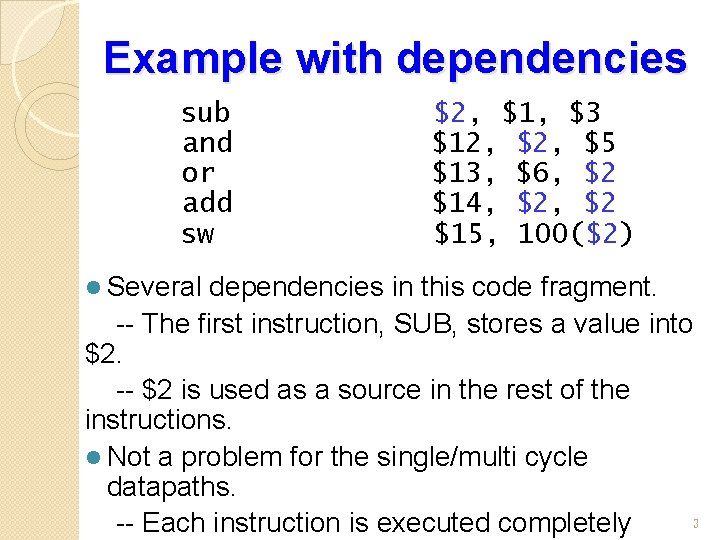 Example with dependencies sub and or add sw l Several $2, $1, $3 $12,