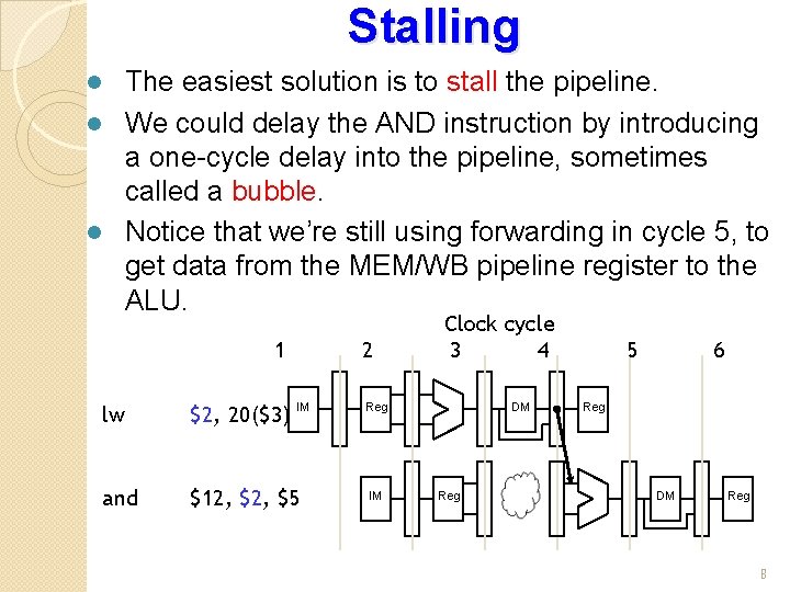 Stalling The easiest solution is to stall the pipeline. l We could delay the