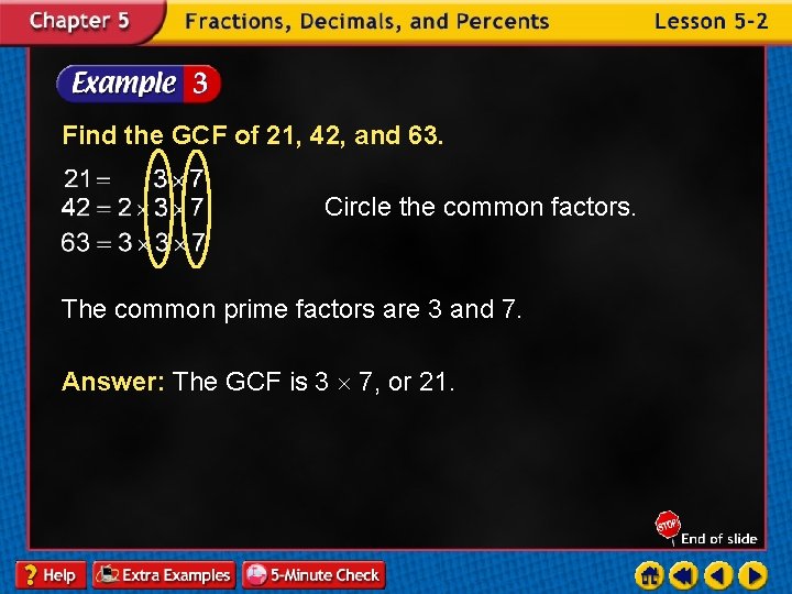 Find the GCF of 21, 42, and 63. Circle the common factors. The common