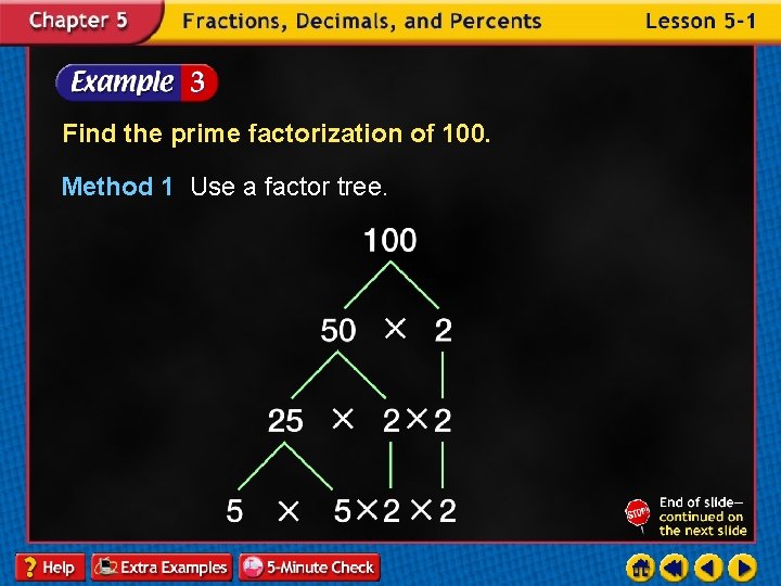 Find the prime factorization of 100. Method 1 Use a factor tree. 