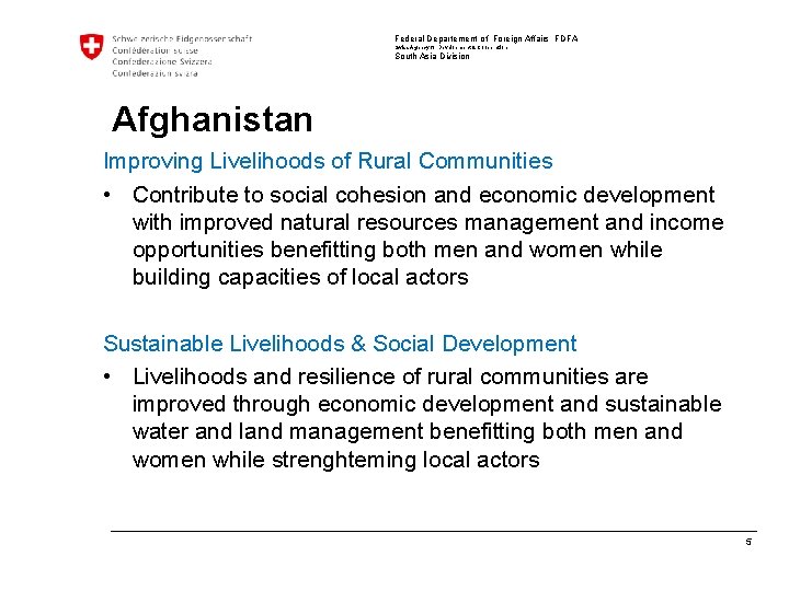 Federal Departement of Foreign Affairs FDFA Swiss Agency for Development & Cooperation South Asia