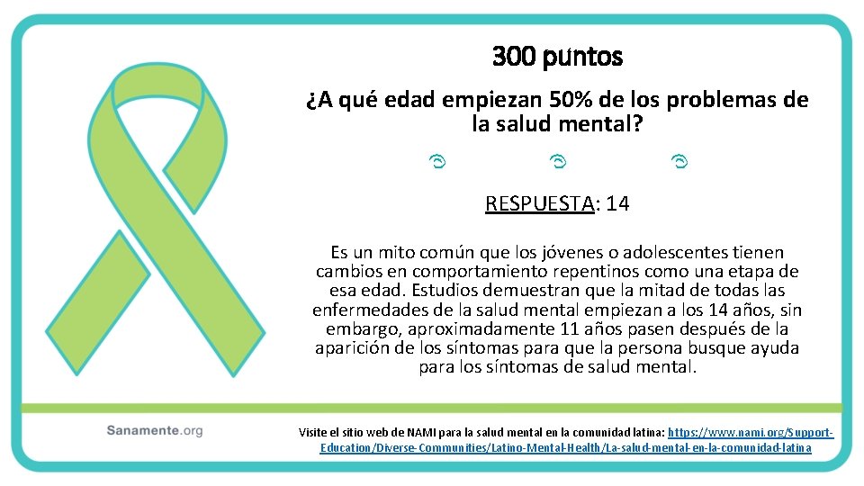 300 puntos ¿A qué edad empiezan 50% de los problemas de la salud mental? 300 puntos ¿A qué edad empiezan 50% de los problemas de la salud mental?