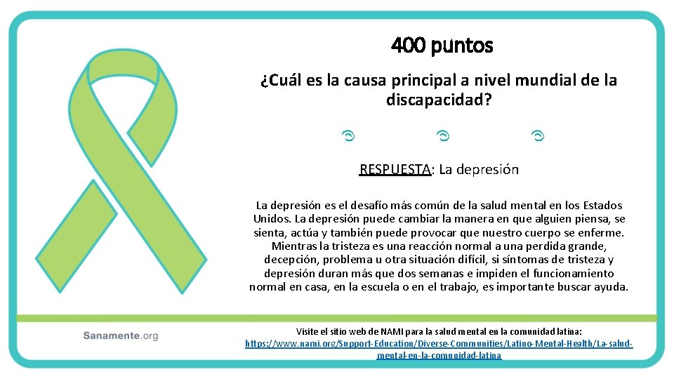400 puntos ¿Cuál es la causa principal a nivel mundial de la discapacidad? RESPUESTA: 400 puntos ¿Cuál es la causa principal a nivel mundial de la discapacidad? RESPUESTA: