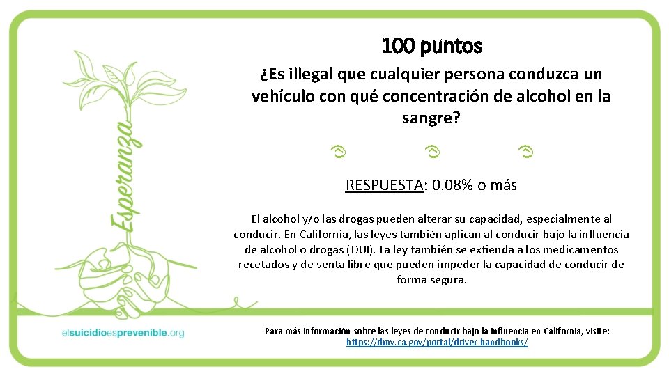 100 puntos ¿Es illegal que cualquier persona conduzca un vehículo con qué concentración de 100 puntos ¿Es illegal que cualquier persona conduzca un vehículo con qué concentración de