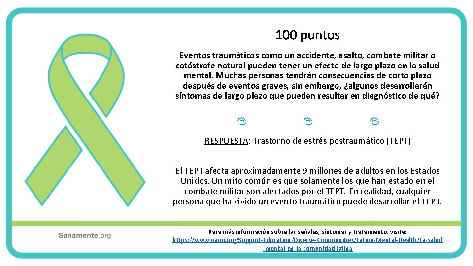 100 puntos Eventos traumáticos como un accidente, asalto, combate militar o catástrofe natural pueden 100 puntos Eventos traumáticos como un accidente, asalto, combate militar o catástrofe natural pueden
