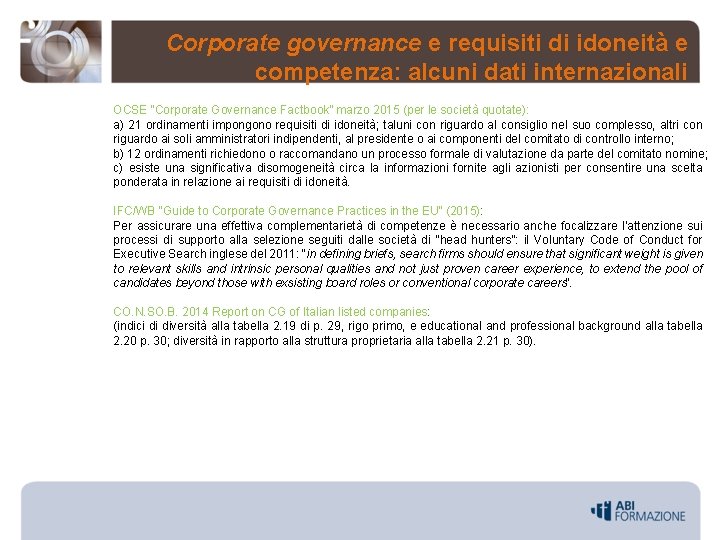 Corporate governance e requisiti di idoneità e competenza: alcuni dati internazionali OCSE “Corporate Governance