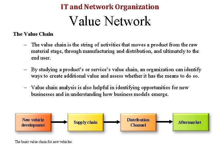 IT and Network Organization Value Network The Value Chain – The value chain is