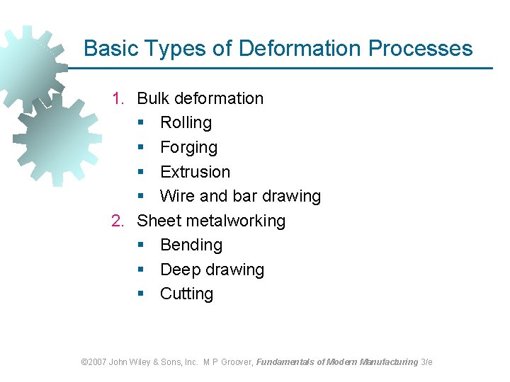 Basic Types of Deformation Processes 1. Bulk deformation § Rolling § Forging § Extrusion Basic Types of Deformation Processes 1. Bulk deformation § Rolling § Forging § Extrusion