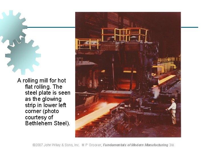 A rolling mill for hot flat rolling. The steel plate is seen as the A rolling mill for hot flat rolling. The steel plate is seen as the