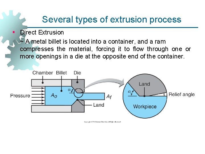 Several types of extrusion process § Direct Extrusion ~ A metal billet is located Several types of extrusion process § Direct Extrusion ~ A metal billet is located