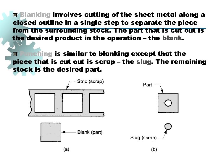 Blanking involves cutting of the sheet metal along a closed outline in a single Blanking involves cutting of the sheet metal along a closed outline in a single