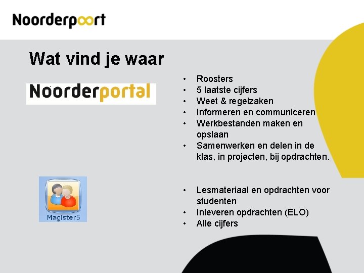 Wat vind je waar • • • Roosters 5 laatste cijfers Weet & regelzaken
