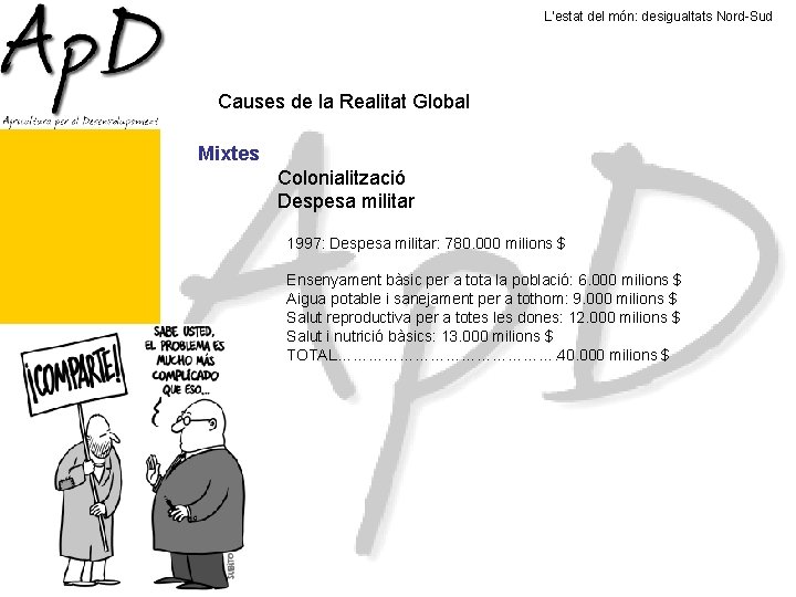 L’estat del món: desigualtats Nord-Sud Causes de la Realitat Global Mixtes Colonialització Despesa militar