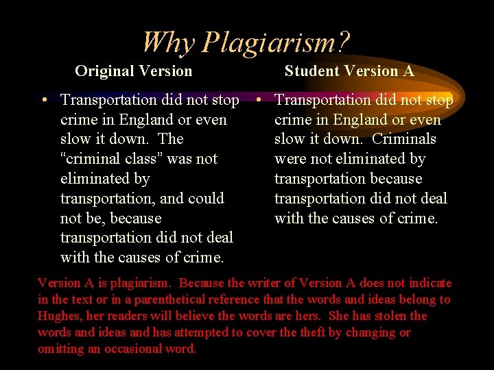 Why Plagiarism? Original Version • Transportation did not stop crime in England or even