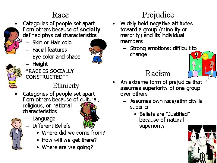 Race • Categories of people set apart from others because of socially defined physical