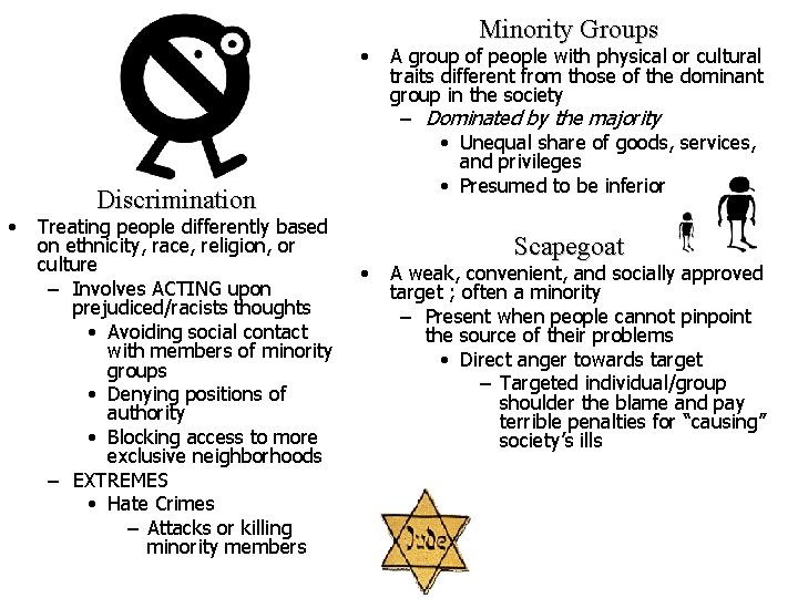  • • Discrimination Treating people differently based on ethnicity, race, religion, or culture