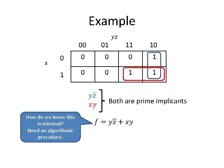 Example 00 01 11 10 0 0 1 1 Both are prime implicants How