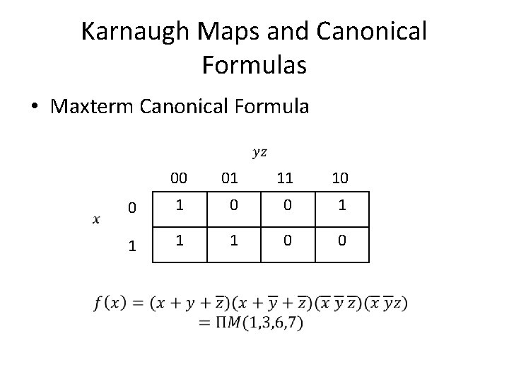 Karnaugh Maps and Canonical Formulas • Maxterm Canonical Formula 00 01 11 10 0