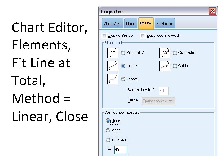 Chart Editor, Elements, Fit Line at Total, Method = Linear, Close 