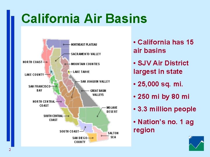 California Air Basins • California has 15 air basins • SJV Air District largest