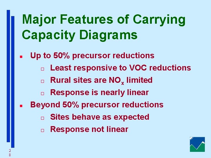 Major Features of Carrying Capacity Diagrams n Up to 50% precursor reductions o Rural